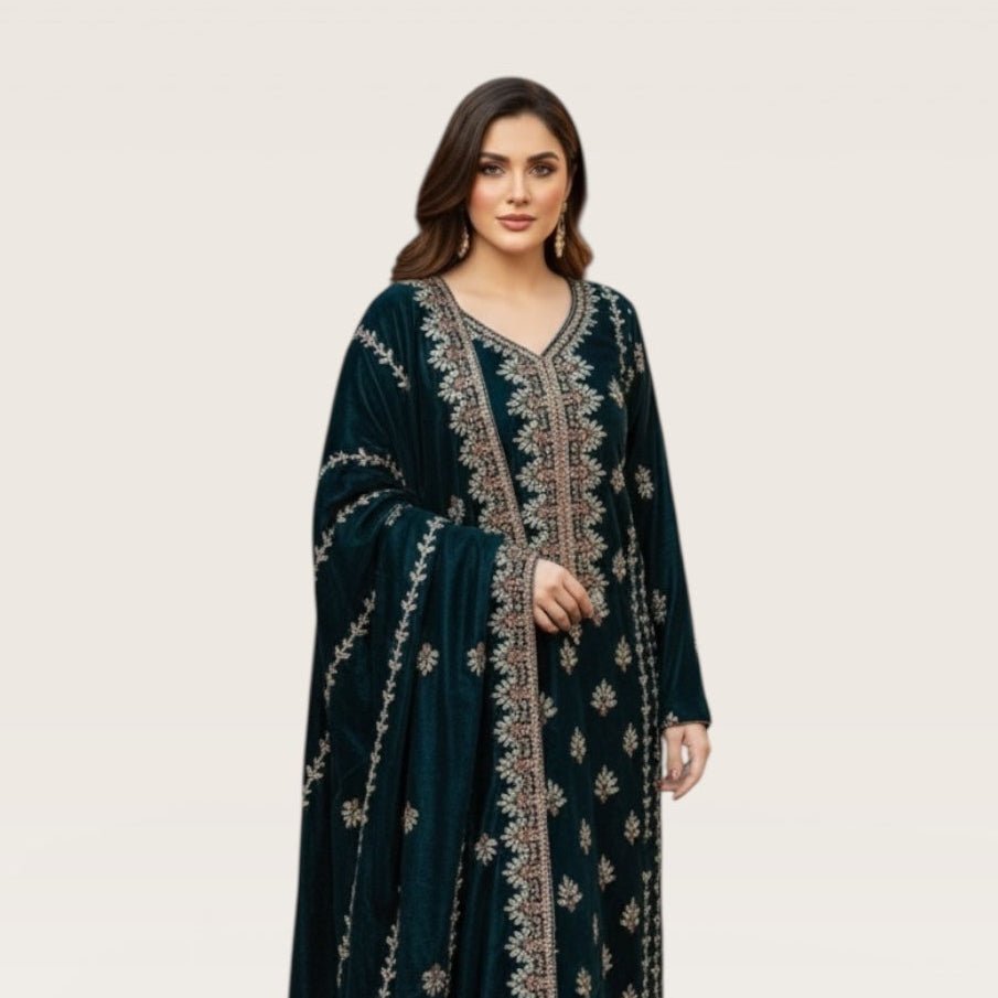 • Clothing: Embroidered/Printed suit for women - Made of best quality fabric - lawn or linen or chiffon - pure silk - Available at Najma Designs & Co. • Jewelry: Gold - plated stud earrings for