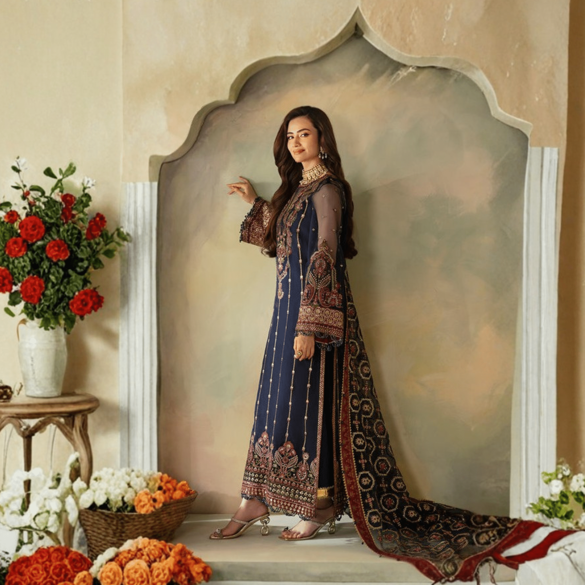 • Clothing: Embroidered/Printed suit for women - Made of best quality fabric - lawn or linen or chiffon - pure silk - Available at Najma Designs & Co. • Jewelry: Gold - plated stud earrings for