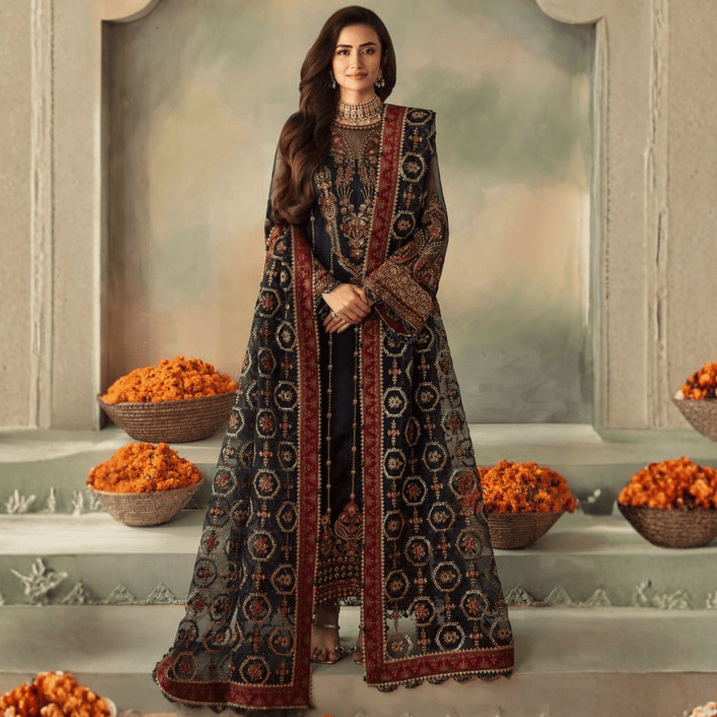 • Clothing: Embroidered/Printed suit for women - Made of best quality fabric - lawn or linen or chiffon - pure silk - Available at Najma Designs & Co. • Jewelry: Gold - plated stud earrings for