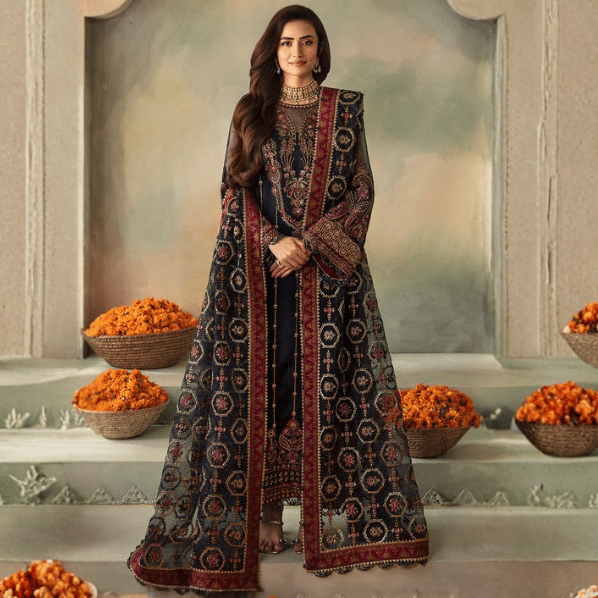• Clothing: Embroidered/Printed suit for women - Made of best quality fabric - lawn or linen or chiffon - pure silk - Available at Najma Designs & Co. • Jewelry: Gold - plated stud earrings for
