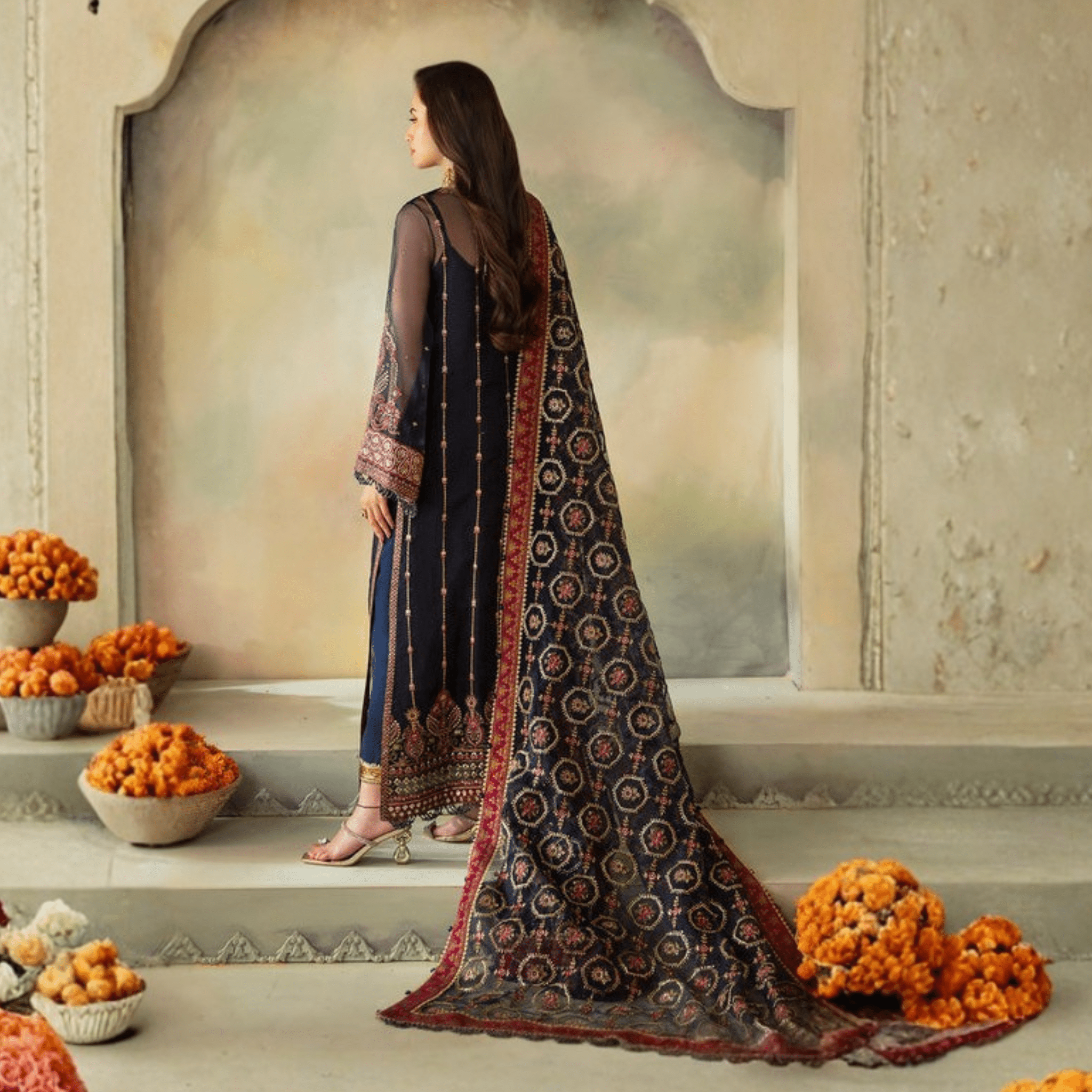 • Clothing: Embroidered/Printed suit for women - Made of best quality fabric - lawn or linen or chiffon - pure silk - Available at Najma Designs & Co. • Jewelry: Gold - plated stud earrings for