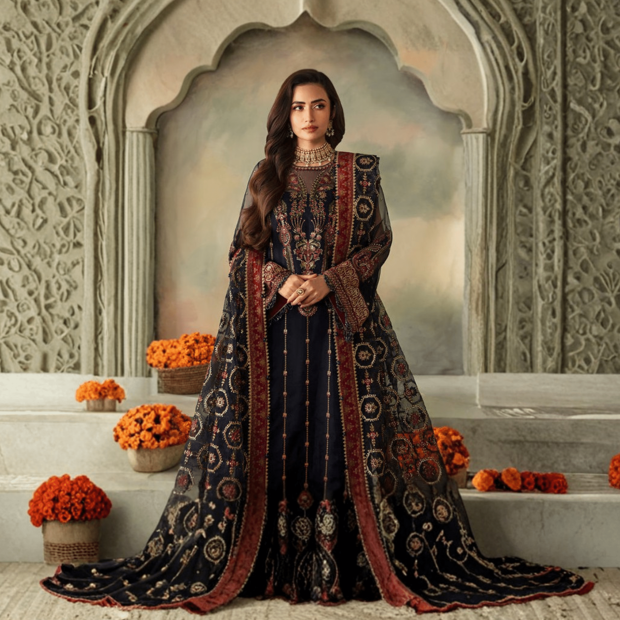 • Clothing: Embroidered/Printed suit for women - Made of best quality fabric - lawn or linen or chiffon - pure silk - Available at Najma Designs & Co. • Jewelry: Gold - plated stud earrings for