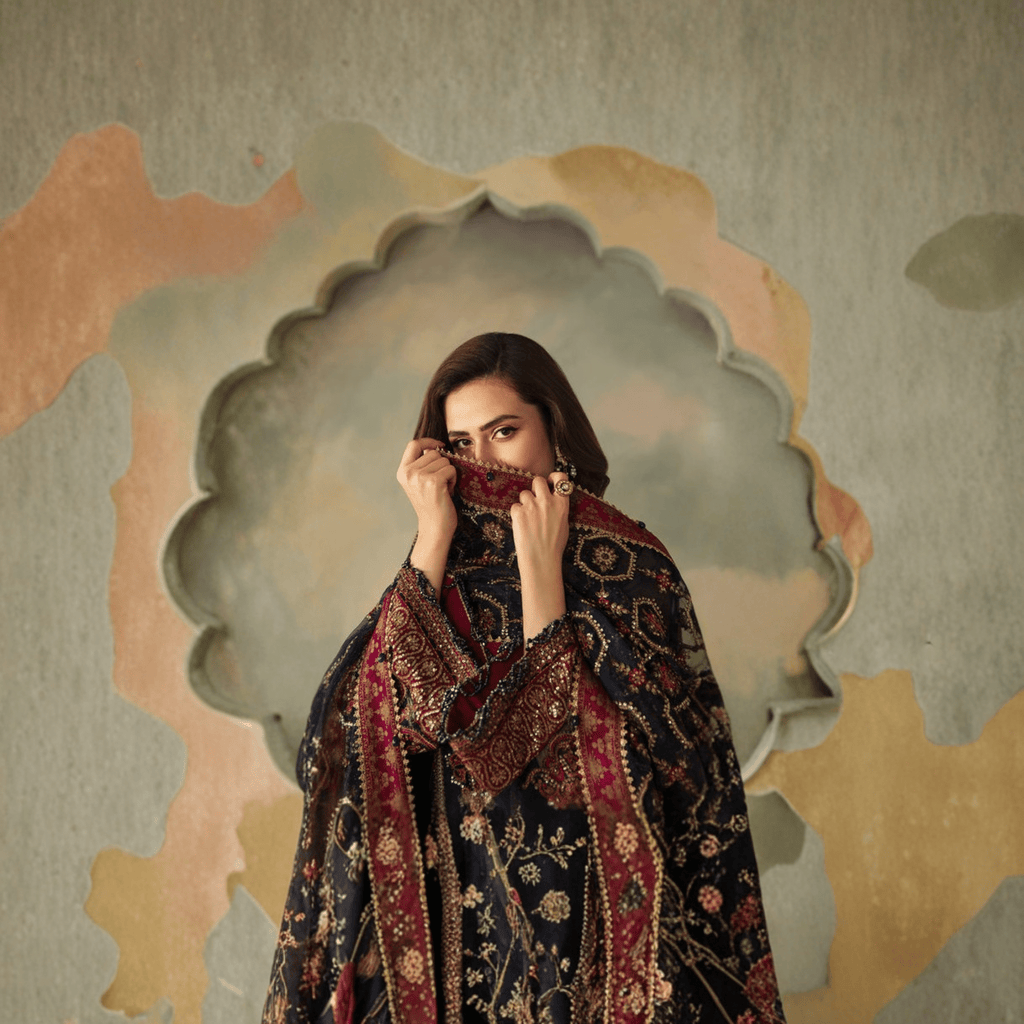 • Clothing: Embroidered/Printed suit for women - Made of best quality fabric - lawn or linen or chiffon - pure silk - Available at Najma Designs & Co. • Jewelry: Gold - plated stud earrings for