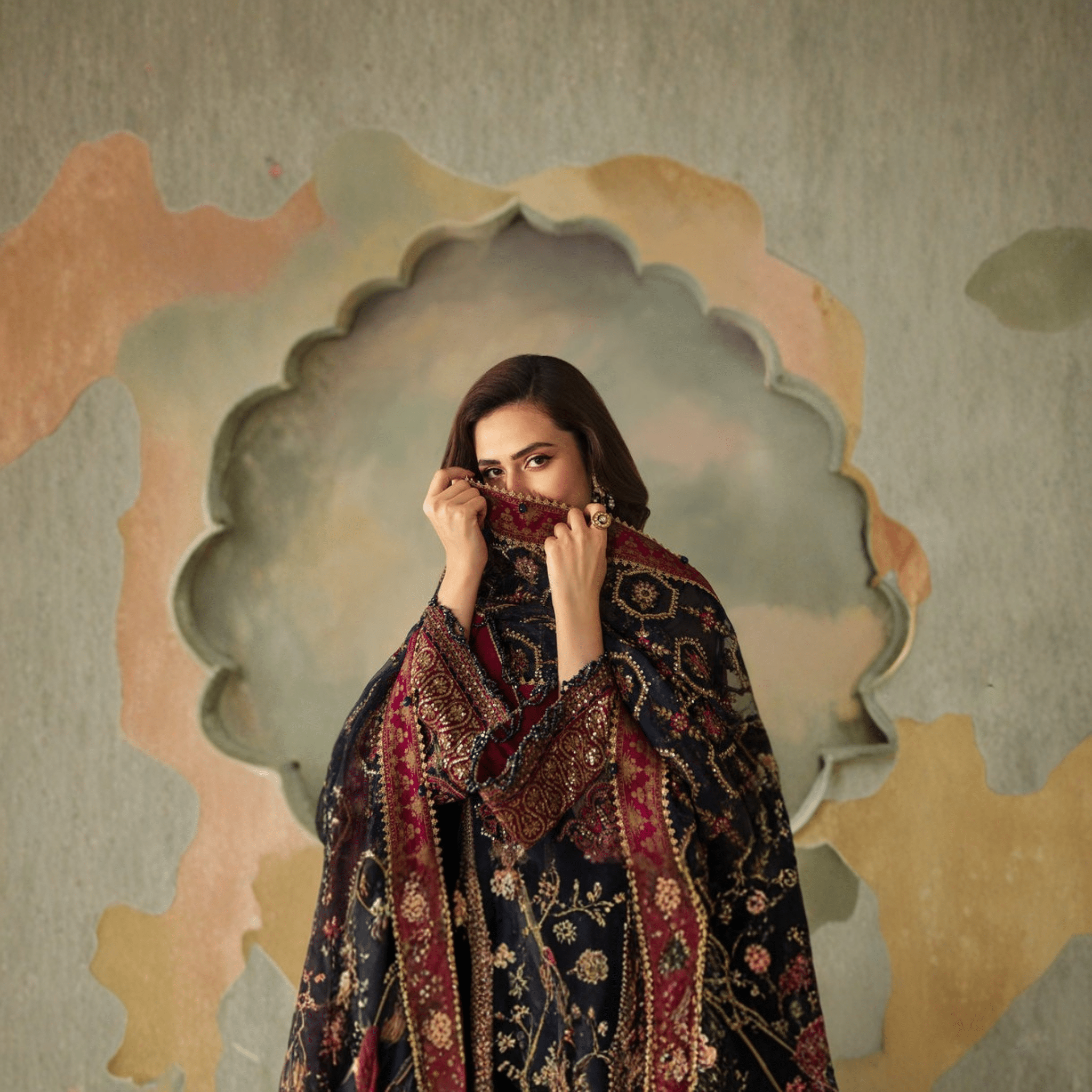 • Clothing: Embroidered/Printed suit for women - Made of best quality fabric - lawn or linen or chiffon - pure silk - Available at Najma Designs & Co. • Jewelry: Gold - plated stud earrings for