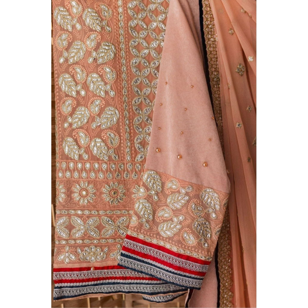 Chicken Karri Shalwar and dupatta with Silk and Moti Work with tilla Lace.
outfit color is Peach color 