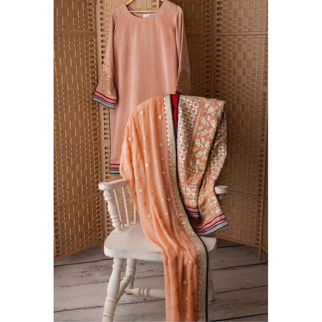 Chicken Karri Shalwar and dupatta with Silk and Moti Work with tilla Lace.
outfit color is Peach color 