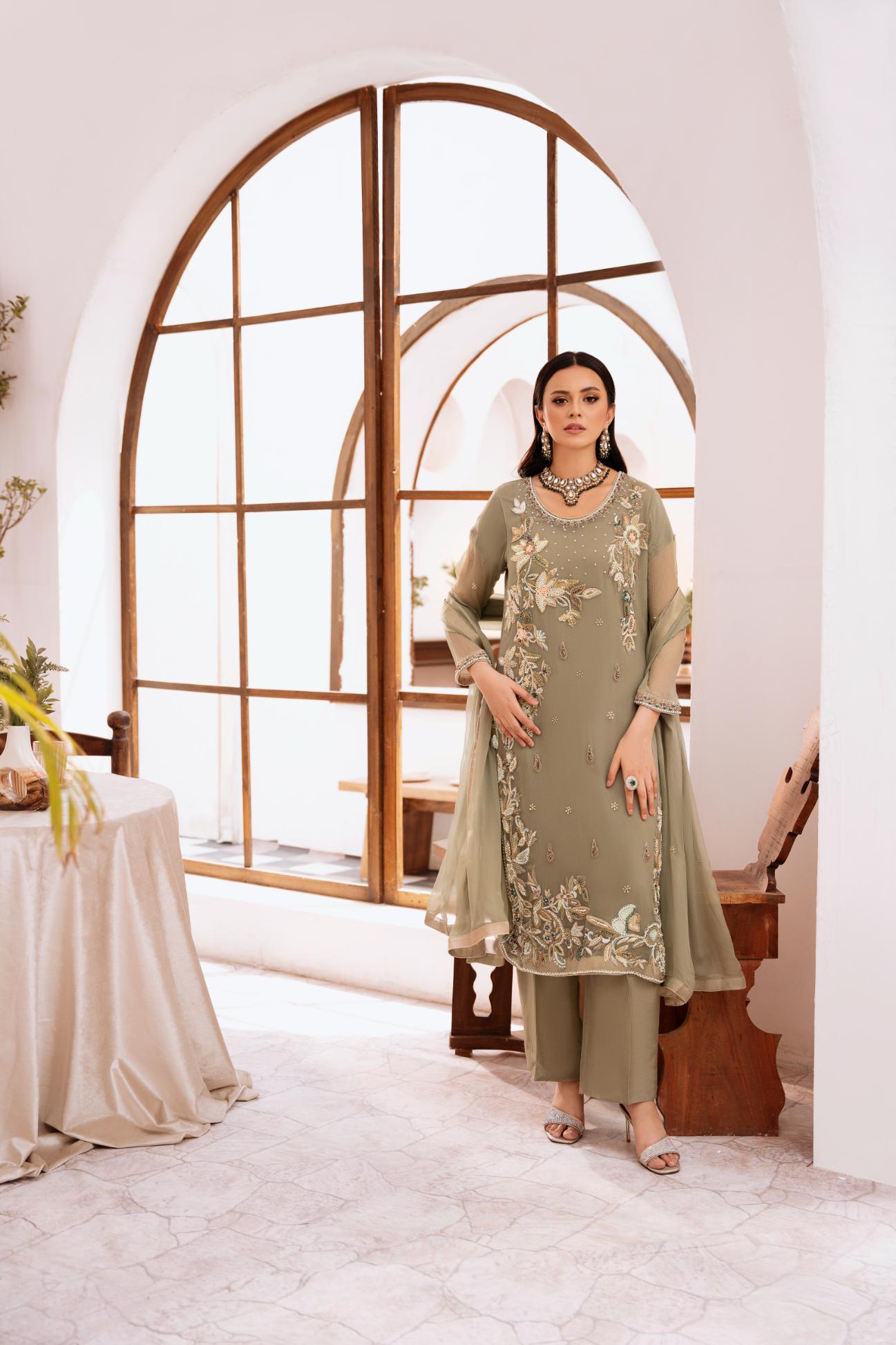 • Clothing: Embroidered/Printed suit for women - Made of best quality fabric - lawn or linen or chiffon - pure silk - Available at Najma Designs & Co. • Jewelry: Gold - plated stud earrings for