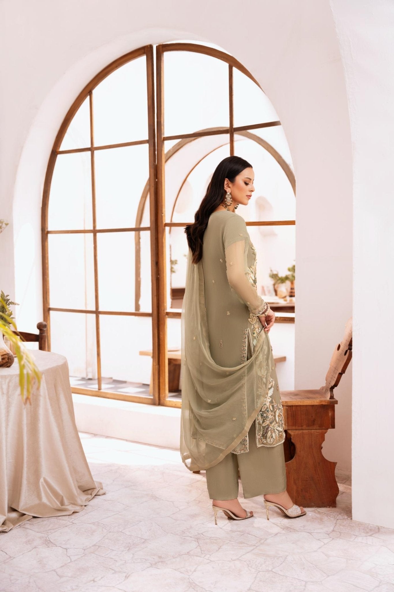 • Clothing: Embroidered/Printed suit for women - Made of best quality fabric - lawn or linen or chiffon - pure silk - Available at Najma Designs & Co. • Jewelry: Gold - plated stud earrings for