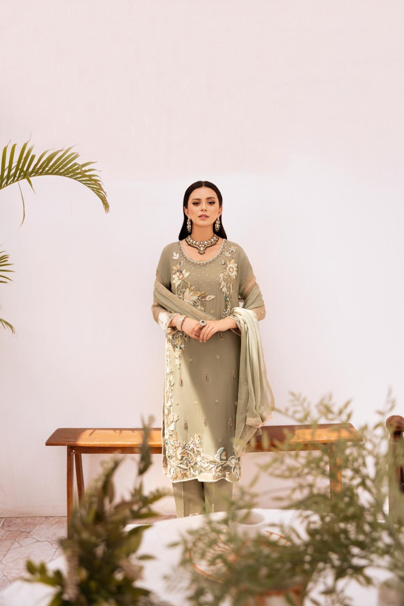 • Clothing: Embroidered/Printed suit for women - Made of best quality fabric - lawn or linen or chiffon - pure silk - Available at Najma Designs & Co. • Jewelry: Gold - plated stud earrings for