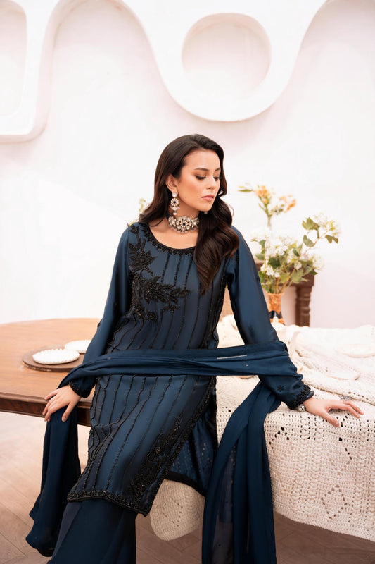 • Clothing: Embroidered/Printed suit for women - Made of best quality fabric - lawn or linen or chiffon - pure silk - Available at Najma Designs & Co. • Jewelry: Gold - plated stud earrings for