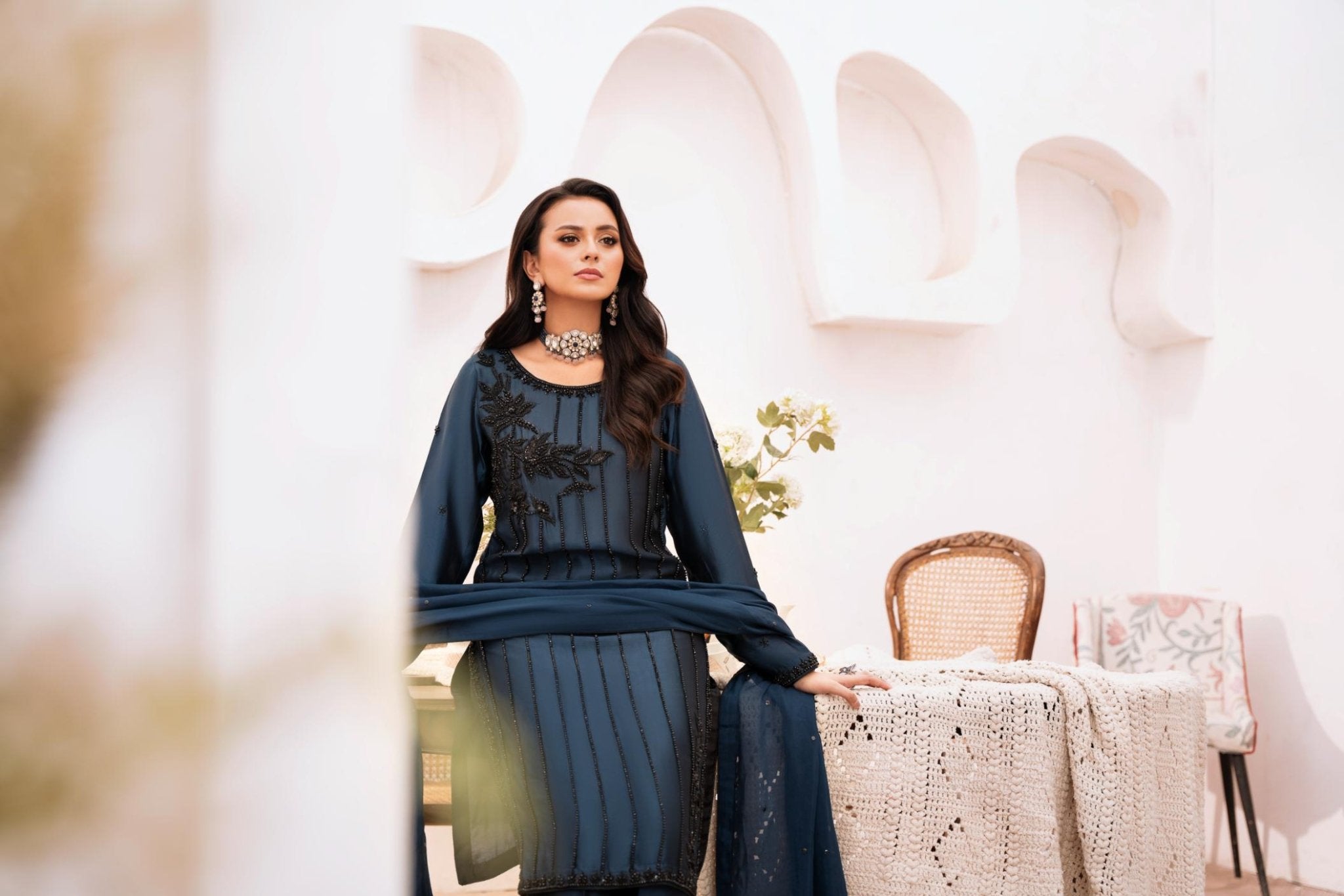 • Clothing: Embroidered/Printed suit for women - Made of best quality fabric - lawn or linen or chiffon - pure silk - Available at Najma Designs & Co. • Jewelry: Gold - plated stud earrings for