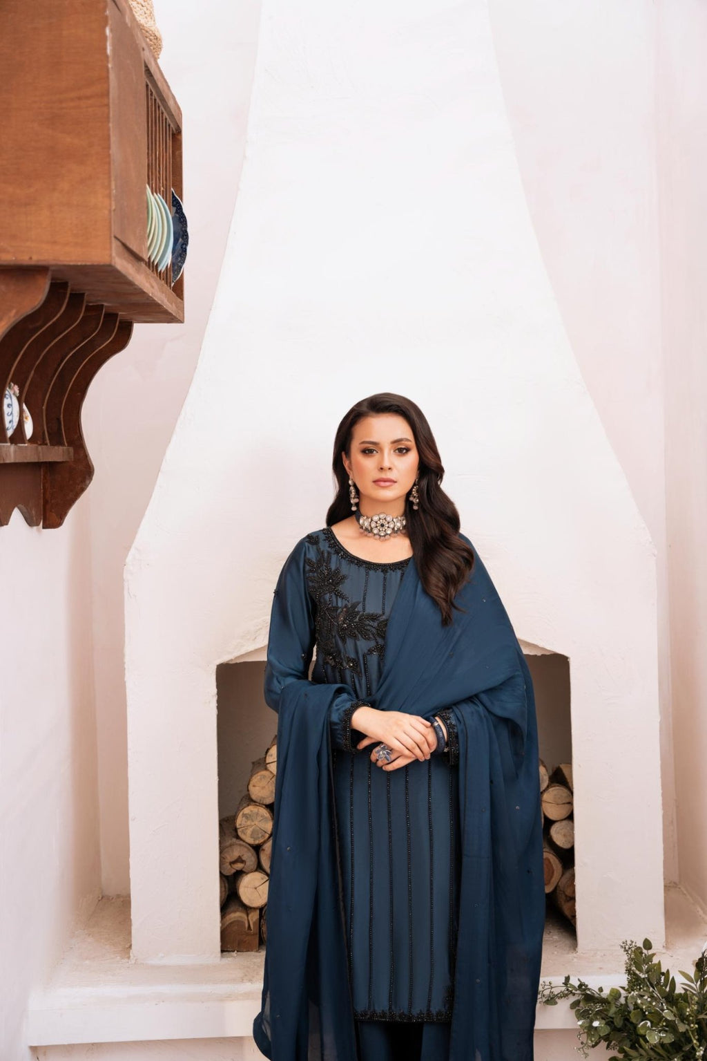 • Clothing: Embroidered/Printed suit for women - Made of best quality fabric - lawn or linen or chiffon - pure silk - Available at Najma Designs & Co. • Jewelry: Gold - plated stud earrings for