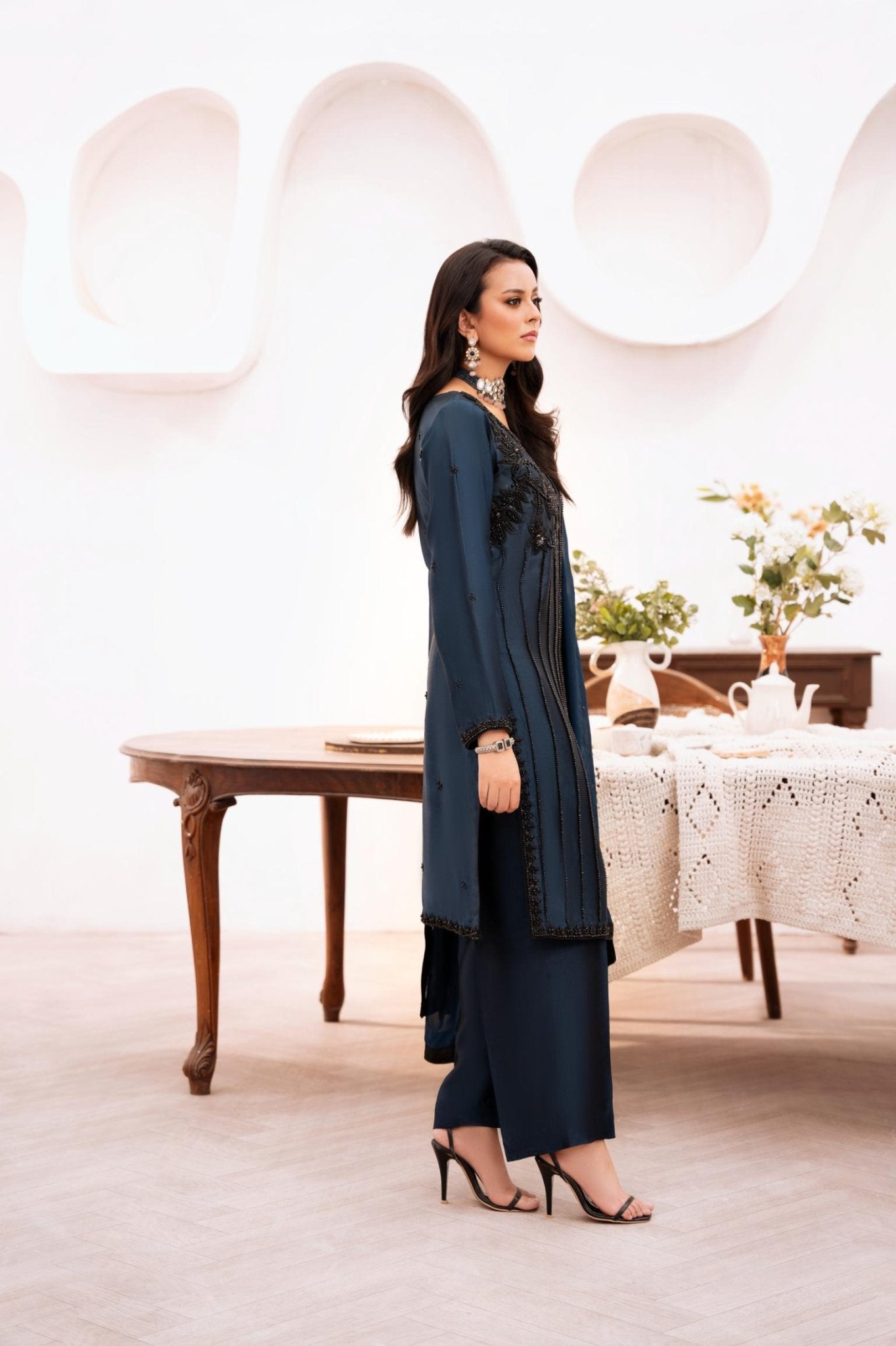 • Clothing: Embroidered/Printed suit for women - Made of best quality fabric - lawn or linen or chiffon - pure silk - Available at Najma Designs & Co. • Jewelry: Gold - plated stud earrings for