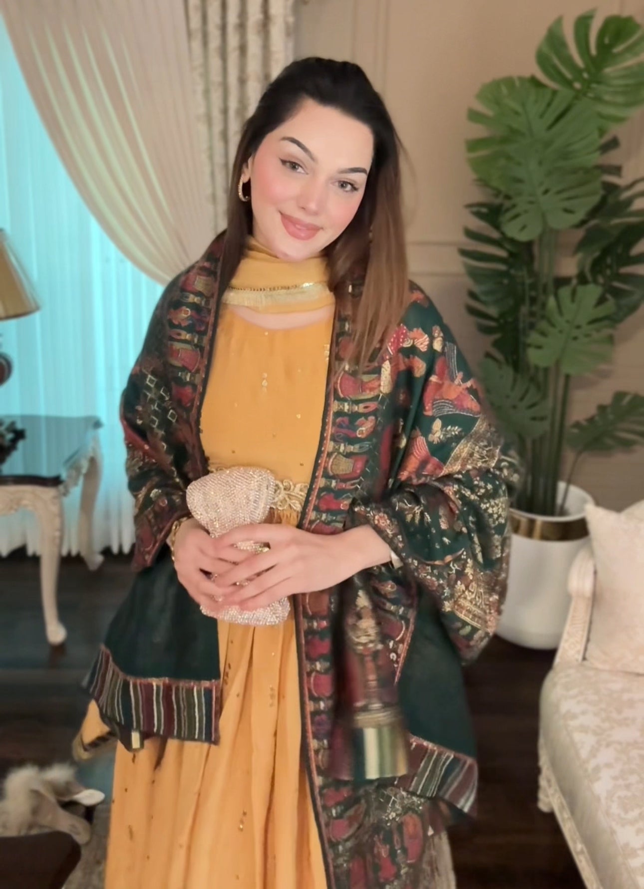 • Clothing: Embroidered/Printed suit for women - Made of best quality fabric - lawn or linen or chiffon - pure silk - Available at Najma Designs & Co. • Jewelry: Gold - plated stud earrings for