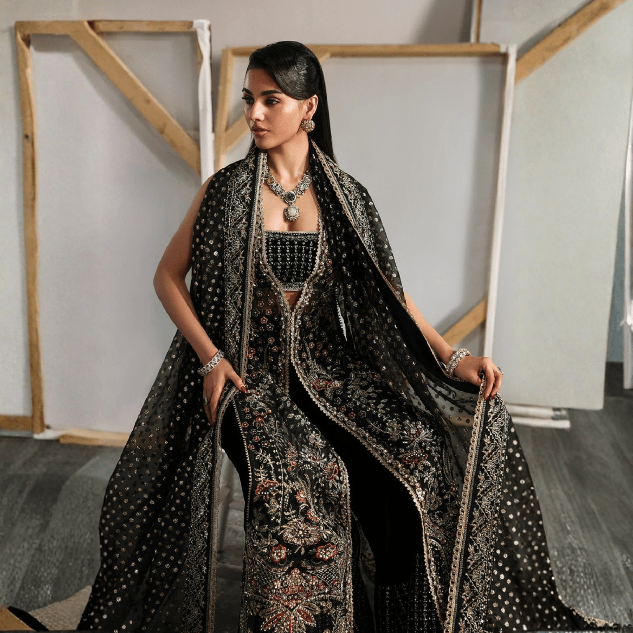 • Clothing: Embroidered/Printed suit for women - Made of best quality fabric - lawn or linen or chiffon - pure silk - Available at Najma Designs & Co. • Jewelry: Gold - plated stud earrings for