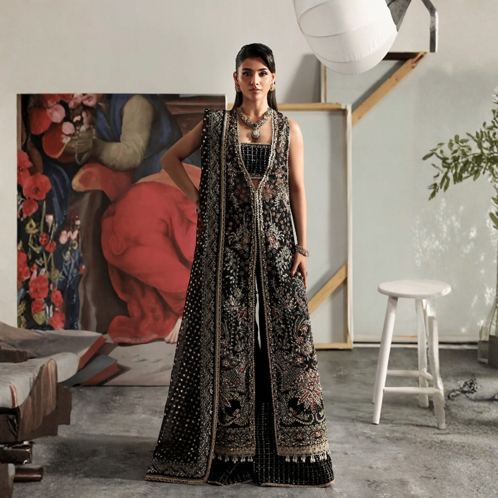 • Clothing: Embroidered/Printed suit for women - Made of best quality fabric - lawn or linen or chiffon - pure silk - Available at Najma Designs & Co. • Jewelry: Gold - plated stud earrings for