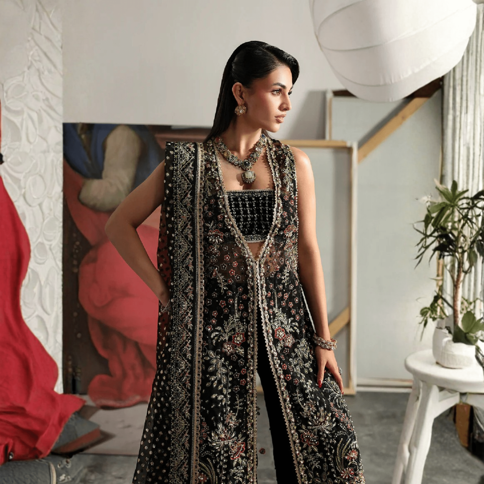 • Clothing: Embroidered/Printed suit for women - Made of best quality fabric - lawn or linen or chiffon - pure silk - Available at Najma Designs & Co. • Jewelry: Gold - plated stud earrings for