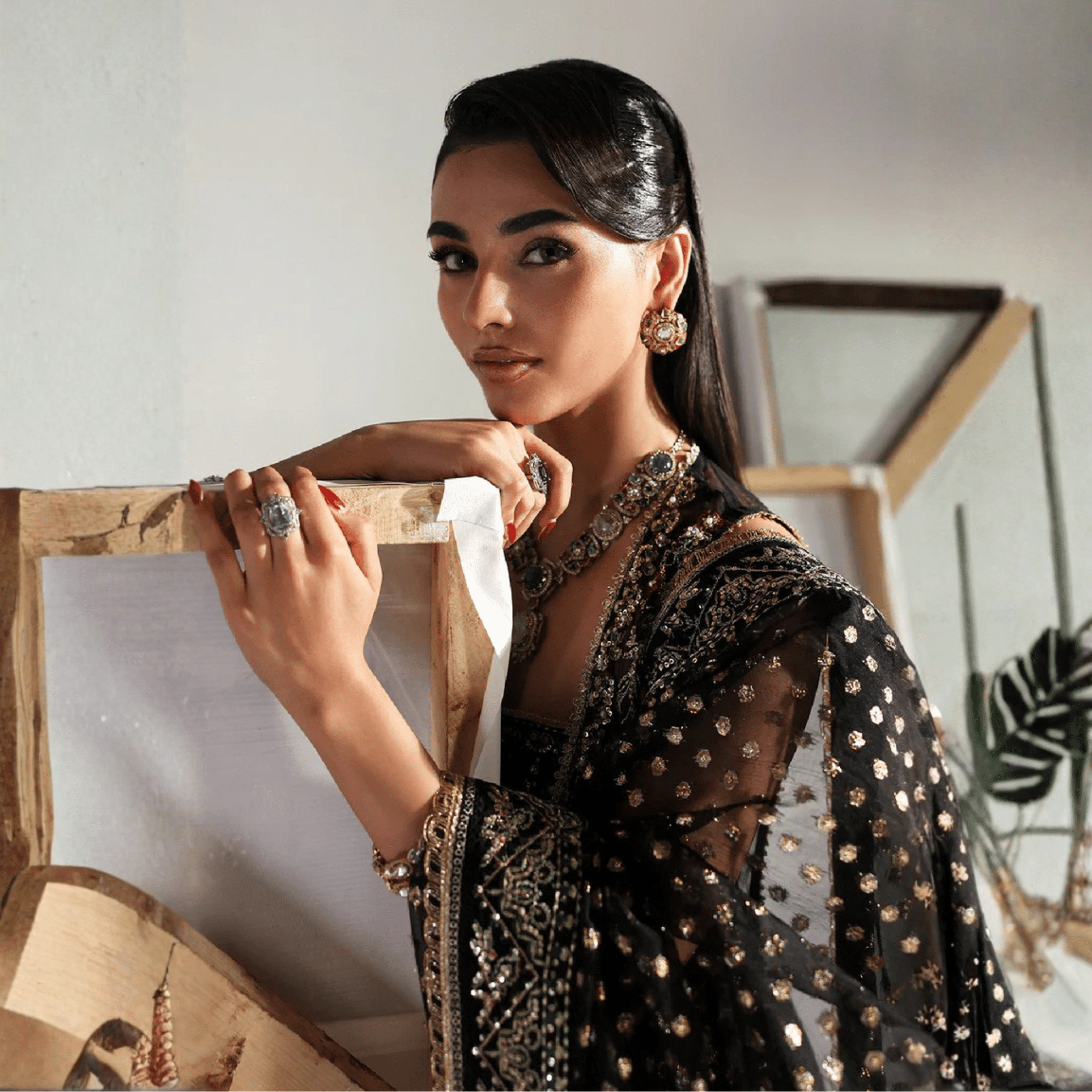• Clothing: Embroidered/Printed suit for women - Made of best quality fabric - lawn or linen or chiffon - pure silk - Available at Najma Designs & Co. • Jewelry: Gold - plated stud earrings for