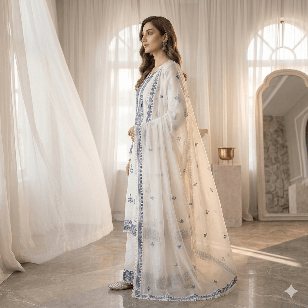 • Clothing: Embroidered/Printed suit for women - Made of best quality fabric - lawn or linen or chiffon - pure silk - Available at Najma Designs & Co. • Jewelry: Gold - plated stud earrings for