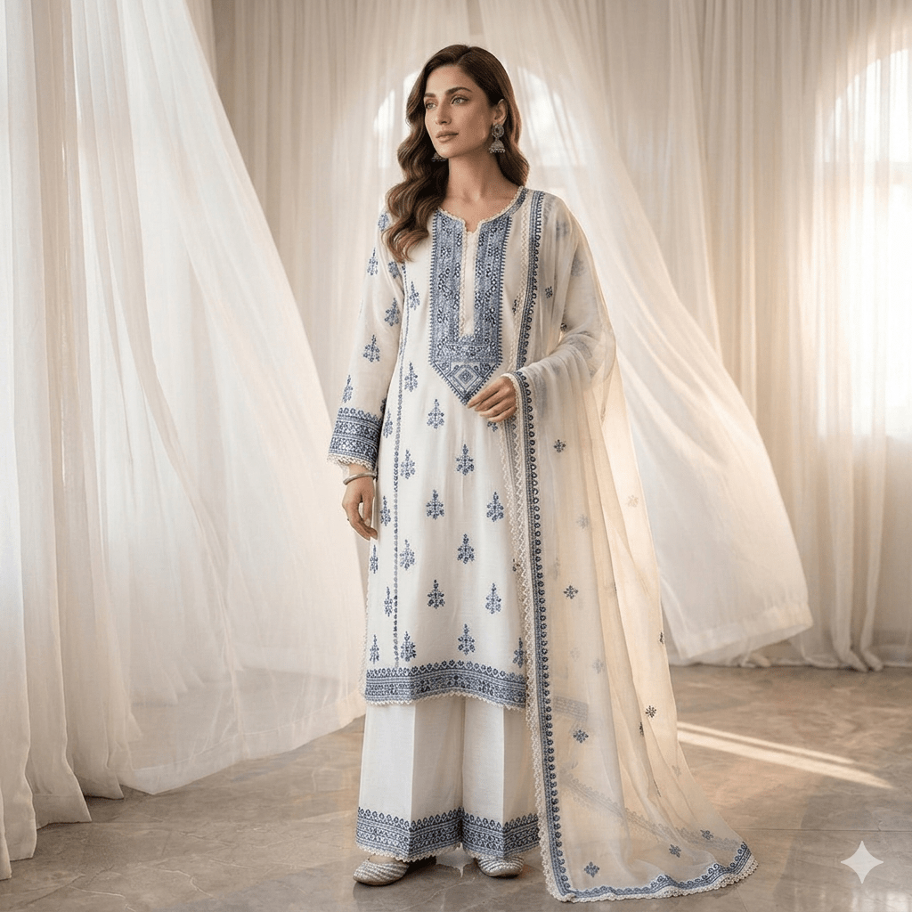 • Clothing: Embroidered/Printed suit for women - Made of best quality fabric - lawn or linen or chiffon - pure silk - Available at Najma Designs & Co. • Jewelry: Gold - plated stud earrings for