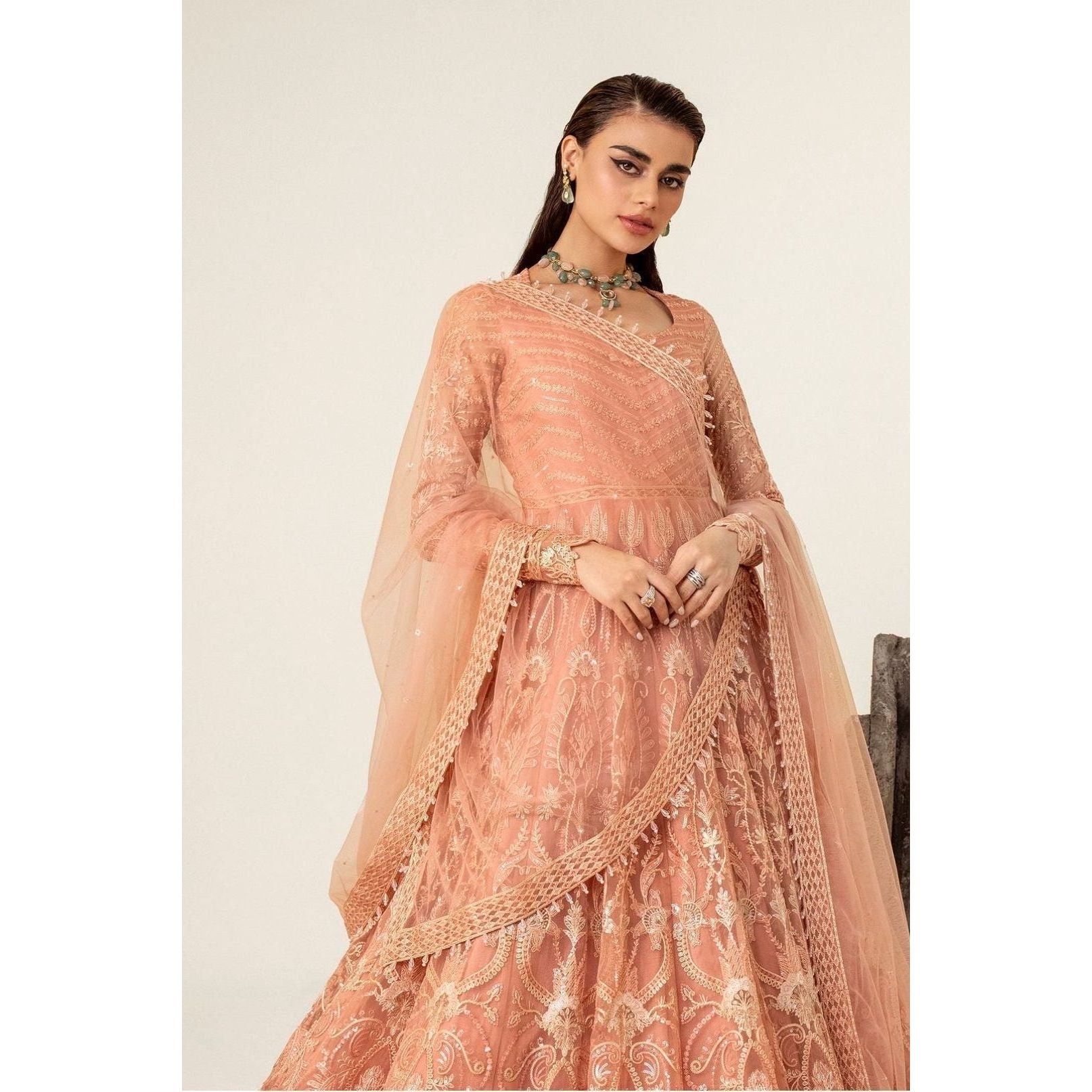Formal, total embroidered peach color. Elegant from brand Maryum N Maria and exclusively available at Najmadesigns and Co.