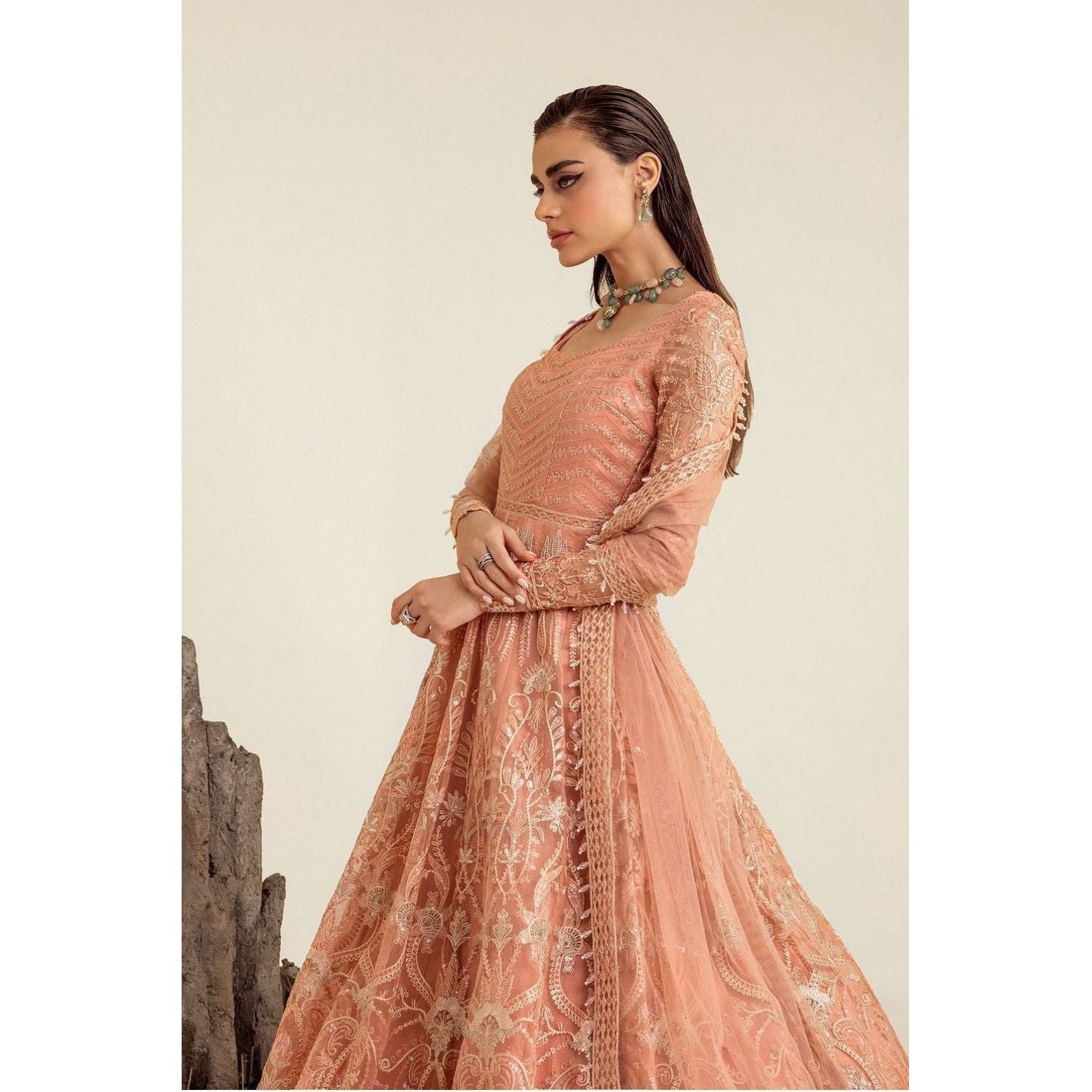 Formal, total embroidered peach color. Elegant from brand Maryum N Maria and exclusively available at Najmadesigns and Co.