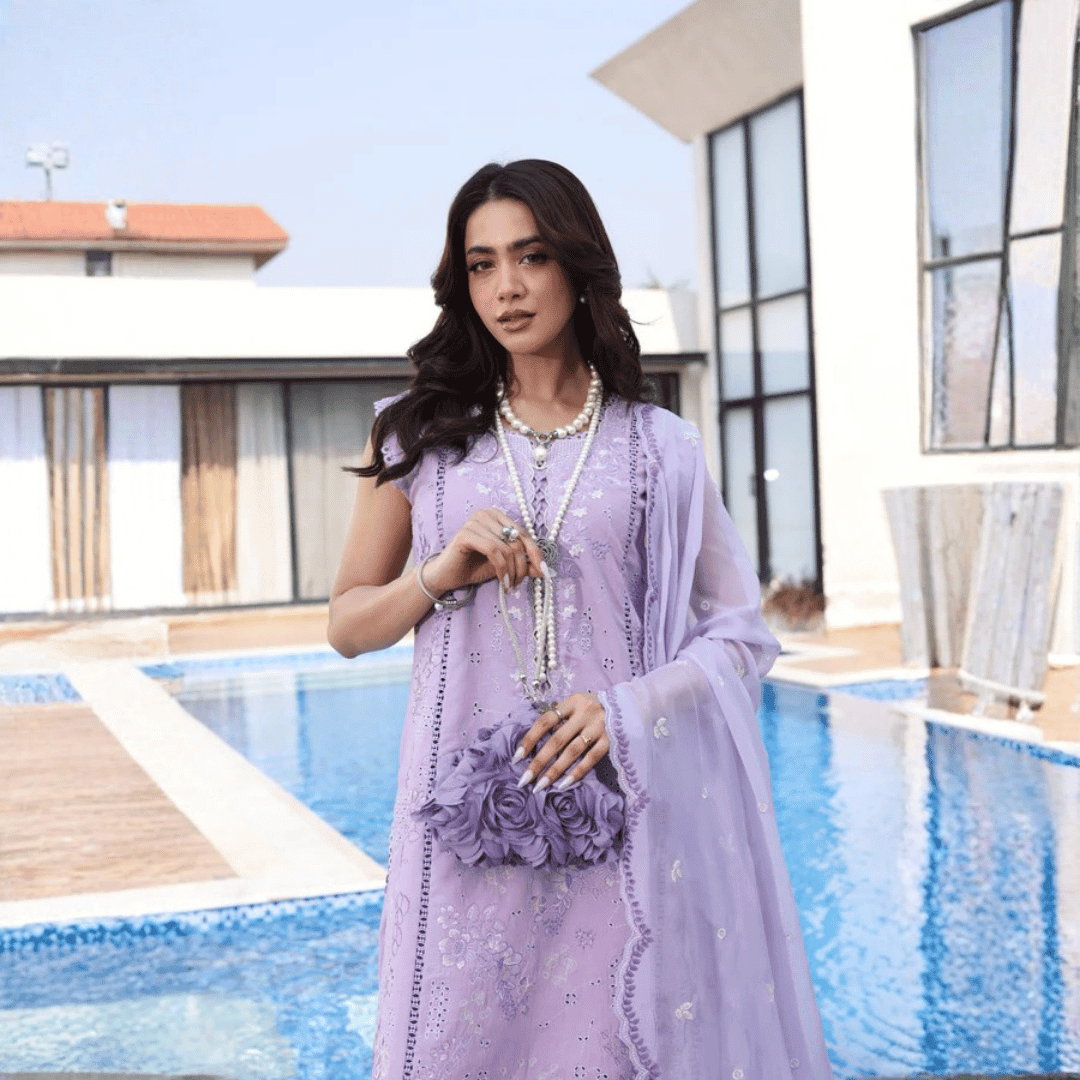 • Clothing: Embroidered/Printed suit for women - Made of best quality fabric - lawn or linen or chiffon - pure silk - Available at Najma Designs & Co. • Jewelry: Gold - plated stud earrings for