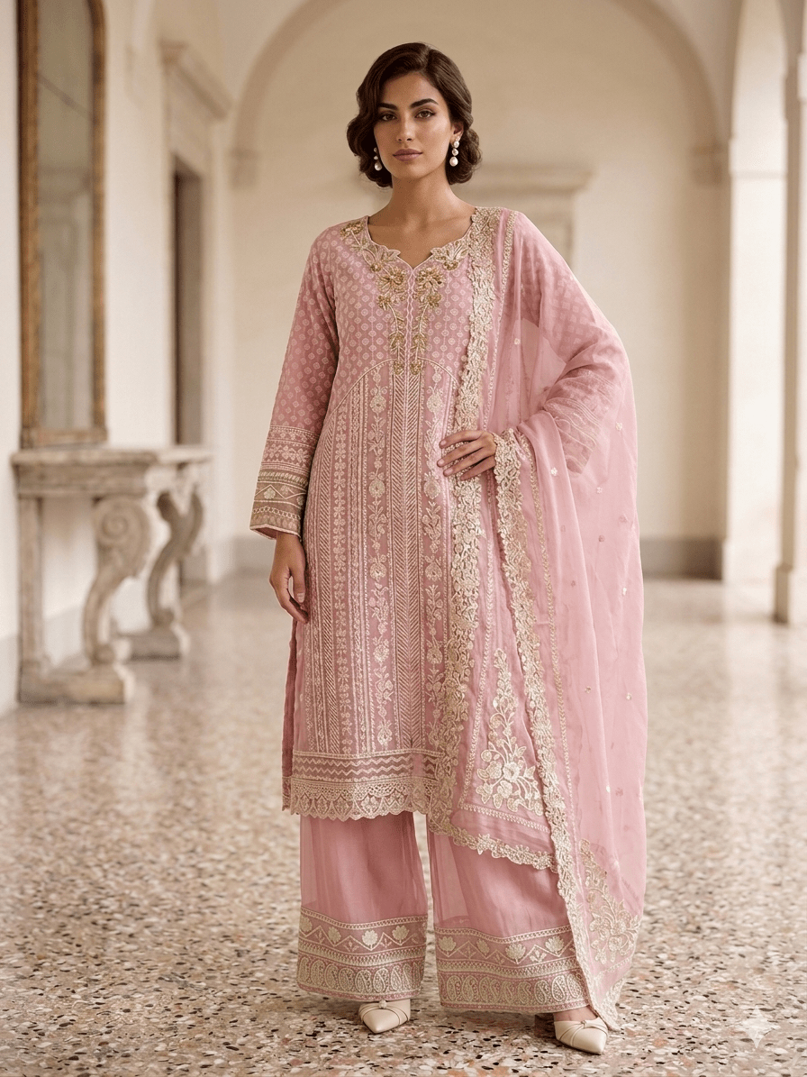 • Clothing: Embroidered/Printed suit for women - Made of best quality fabric - lawn or linen or chiffon - pure silk - Available at Najma Designs & Co. • Jewelry: Gold - plated stud earrings for