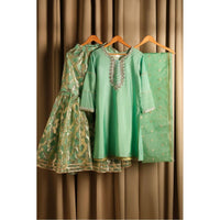 	•	Product Description: Beautiful raw silk sharara suit with silver hand embroidery.
	•	Color: Light pastel green.
