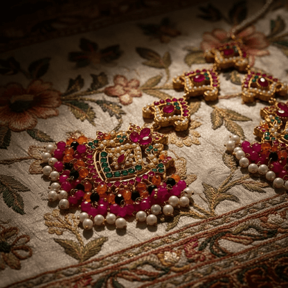 • Clothing: Embroidered/Printed suit for women - Made of best quality fabric - lawn or linen or chiffon - pure silk - Available at Najma Designs & Co. • Jewelry: Gold - plated stud earrings for