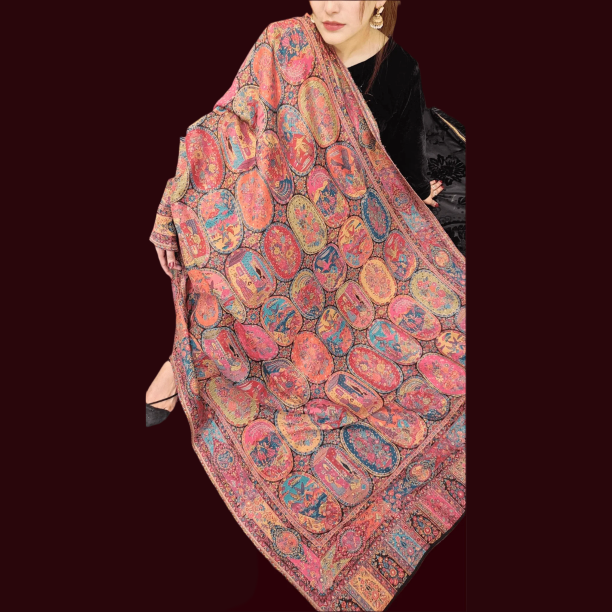 close up of Tripple Kaani Shikargah Multi Jaal Shawl- Premium Quality multi color, handmade 
