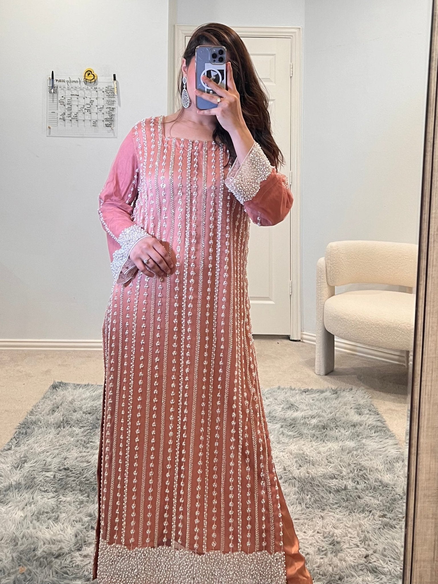 • Clothing: Embroidered/Printed suit for women - Made of best quality fabric - lawn or linen or chiffon - pure silk - Available at Najma Designs & Co. • Jewelry: Gold - plated stud earrings for