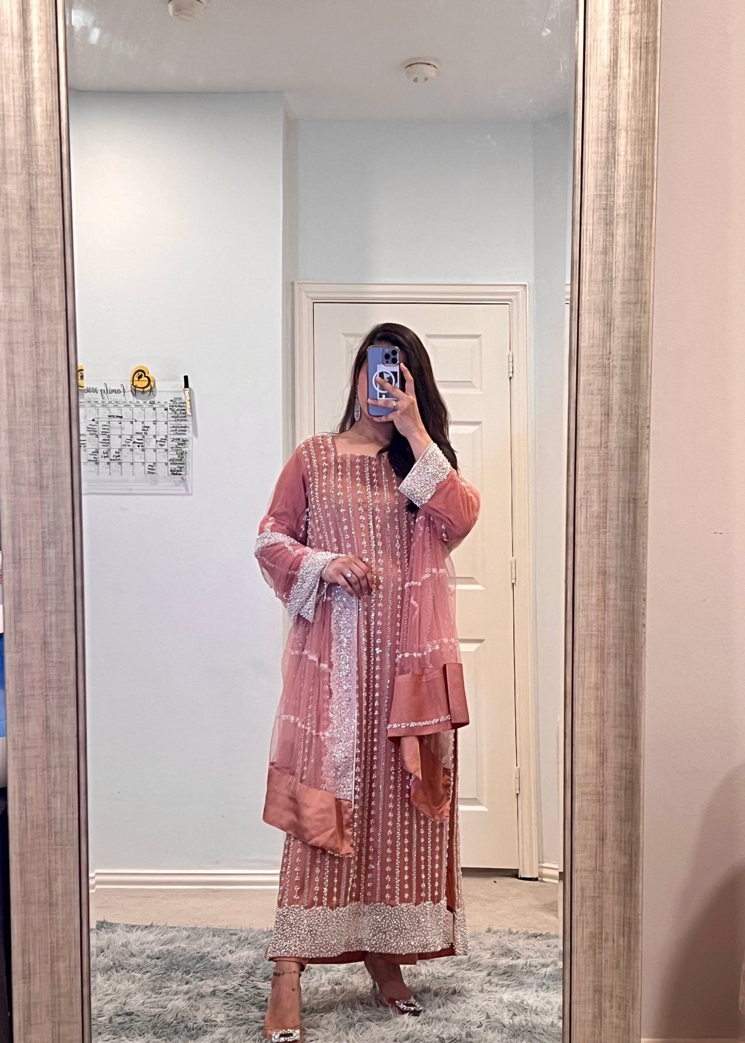 • Clothing: Embroidered/Printed suit for women - Made of best quality fabric - lawn or linen or chiffon - pure silk - Available at Najma Designs & Co. • Jewelry: Gold - plated stud earrings for