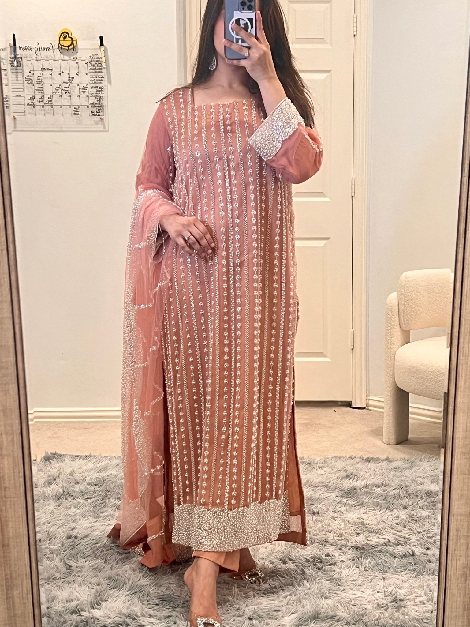 • Clothing: Embroidered/Printed suit for women - Made of best quality fabric - lawn or linen or chiffon - pure silk - Available at Najma Designs & Co. • Jewelry: Gold - plated stud earrings for