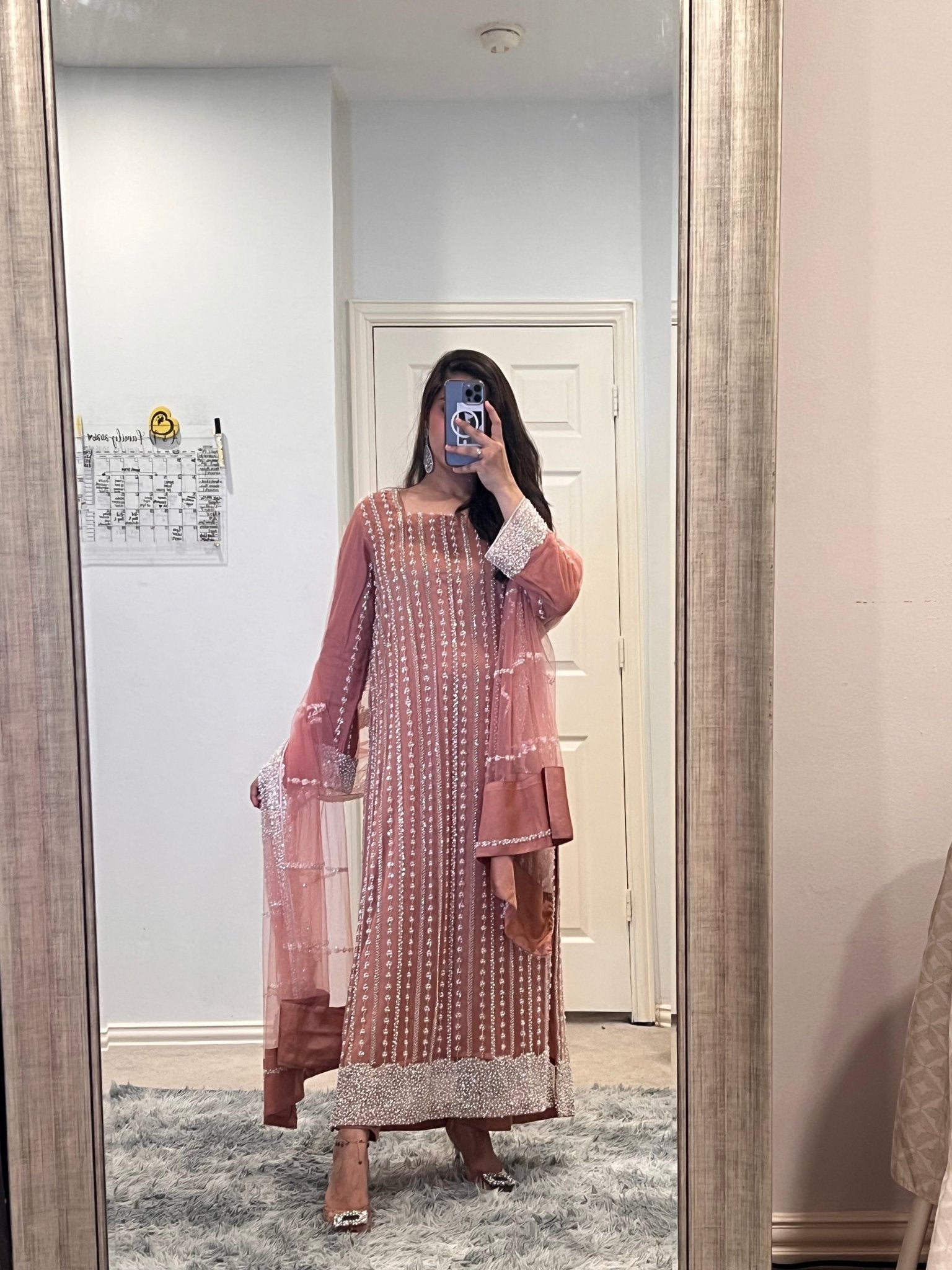 • Clothing: Embroidered/Printed suit for women - Made of best quality fabric - lawn or linen or chiffon - pure silk - Available at Najma Designs & Co. • Jewelry: Gold - plated stud earrings for