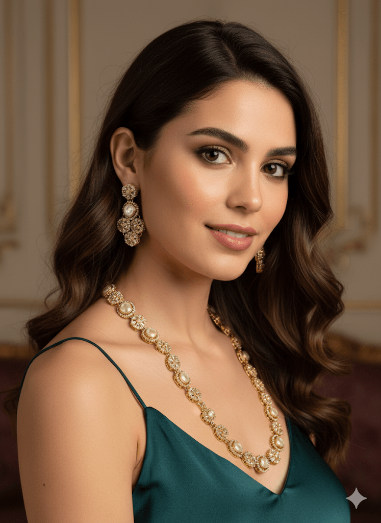 • Clothing: Embroidered/Printed suit for women - Made of best quality fabric - lawn or linen or chiffon - pure silk - Available at Najma Designs & Co. • Jewelry: Gold - plated stud earrings for