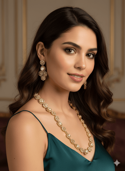 • Clothing: Embroidered/Printed suit for women - Made of best quality fabric - lawn or linen or chiffon - pure silk - Available at Najma Designs & Co. • Jewelry: Gold - plated stud earrings for