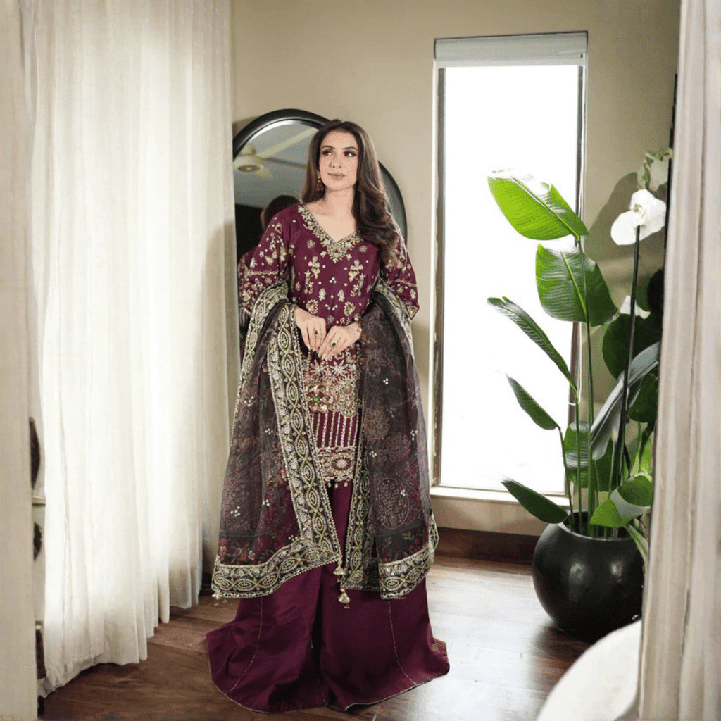 • Clothing: Embroidered/Printed suit for women - Made of best quality fabric - lawn or linen or chiffon - pure silk - Available at Najma Designs & Co. • Jewelry: Gold - plated stud earrings for
