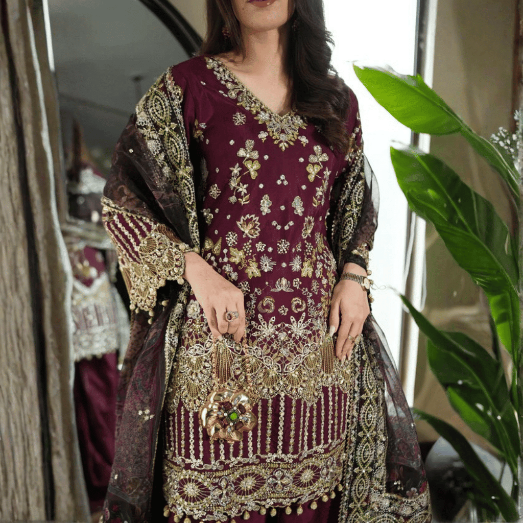 • Clothing: Embroidered/Printed suit for women - Made of best quality fabric - lawn or linen or chiffon - pure silk - Available at Najma Designs & Co. • Jewelry: Gold - plated stud earrings for