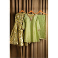 Product Description: Beautiful raw silk Gharara suit with gold hand embroidery with crystals Color: Lime green.