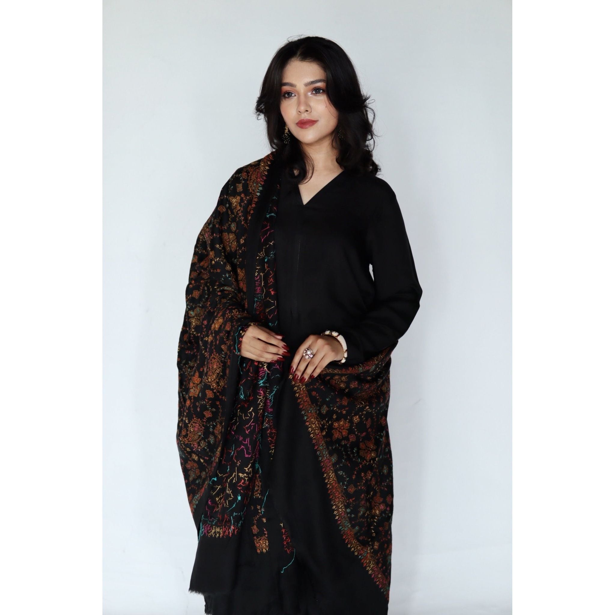 • Clothing: Embroidered/Printed suit for women - Made of best quality fabric - lawn or linen or chiffon - pure silk - Available at Najma Designs & Co. • Jewelry: Gold - plated stud earrings for