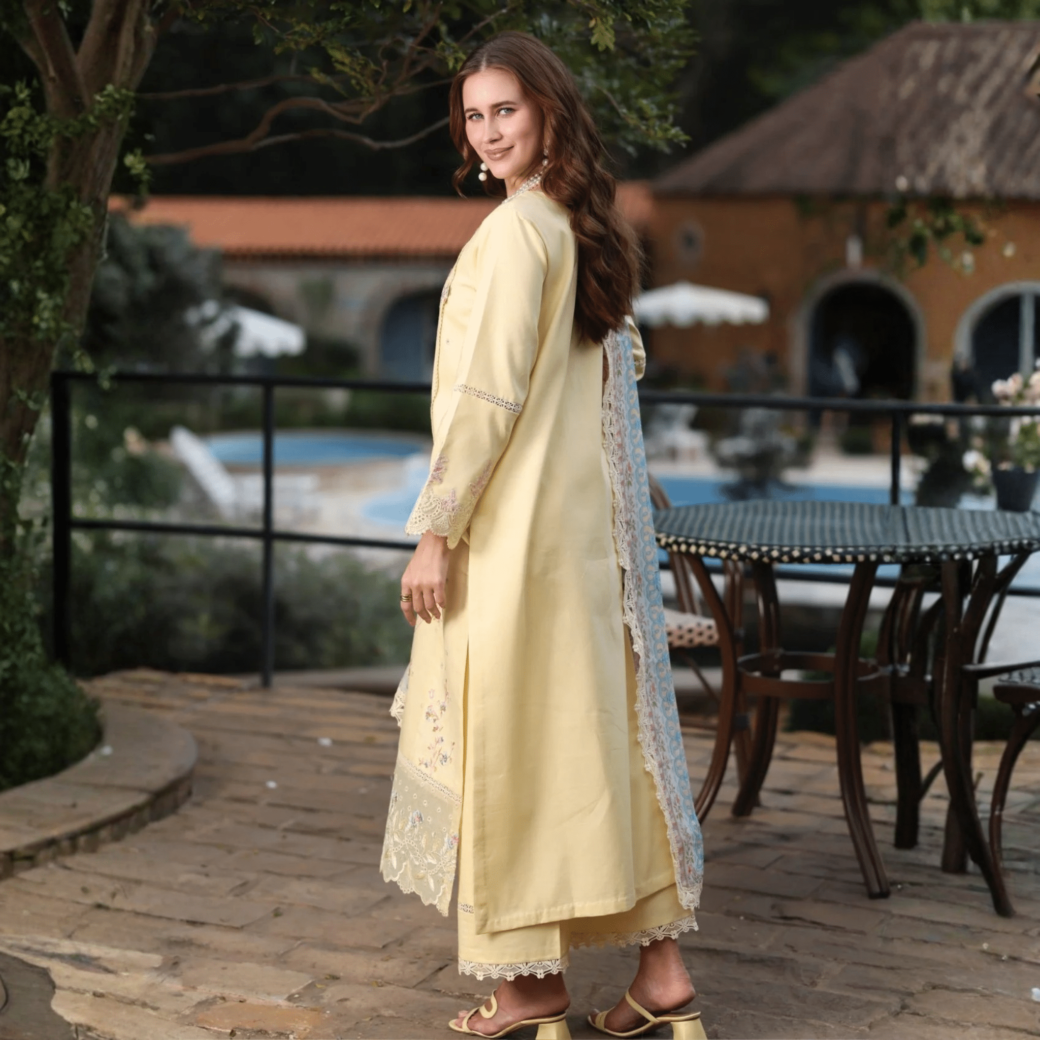 • Clothing: Embroidered/Printed suit for women - Made of best quality fabric - lawn or linen or chiffon - pure silk - Available at Najma Designs & Co. • Jewelry: Gold - plated stud earrings for