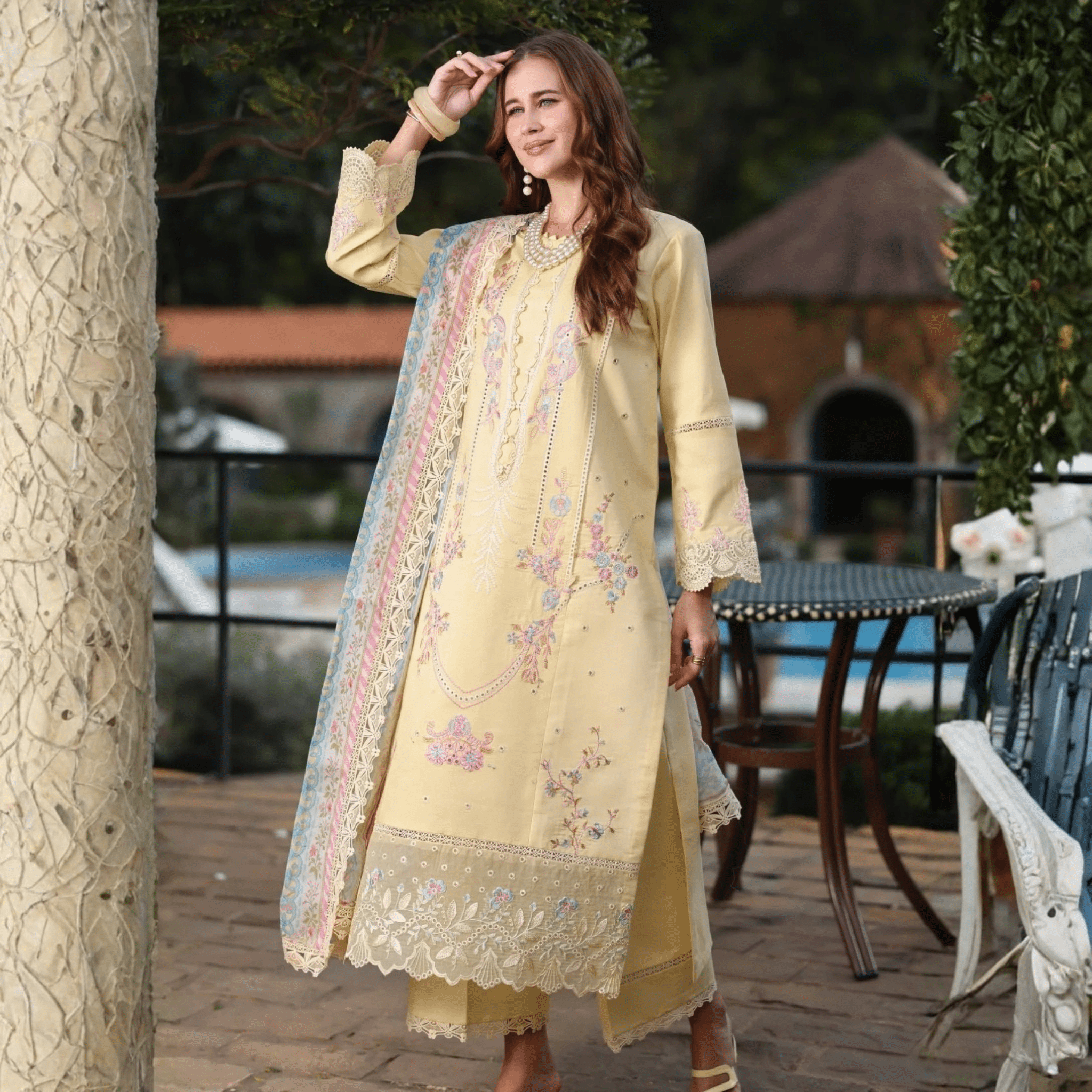 • Clothing: Embroidered/Printed suit for women - Made of best quality fabric - lawn or linen or chiffon - pure silk - Available at Najma Designs & Co. • Jewelry: Gold - plated stud earrings for
