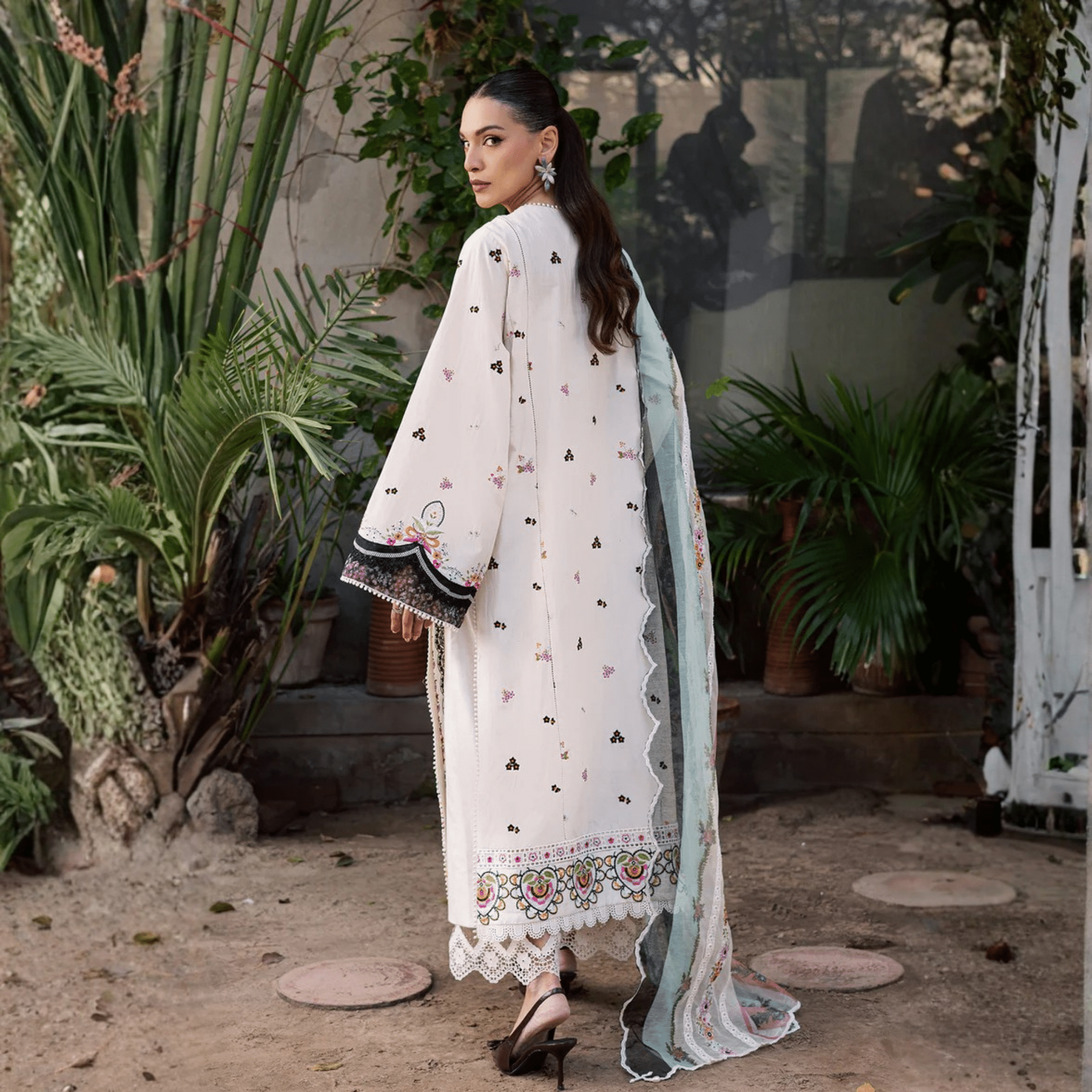 • Clothing: Embroidered/Printed suit for women - Made of best quality fabric - lawn or linen or chiffon - pure silk - Available at Najma Designs & Co. • Jewelry: Gold - plated stud earrings for