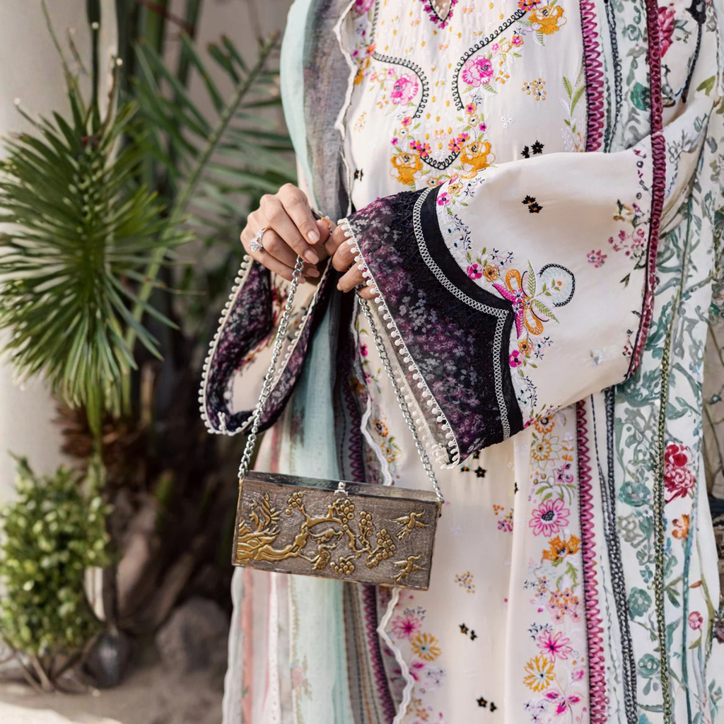 • Clothing: Embroidered/Printed suit for women - Made of best quality fabric - lawn or linen or chiffon - pure silk - Available at Najma Designs & Co. • Jewelry: Gold - plated stud earrings for