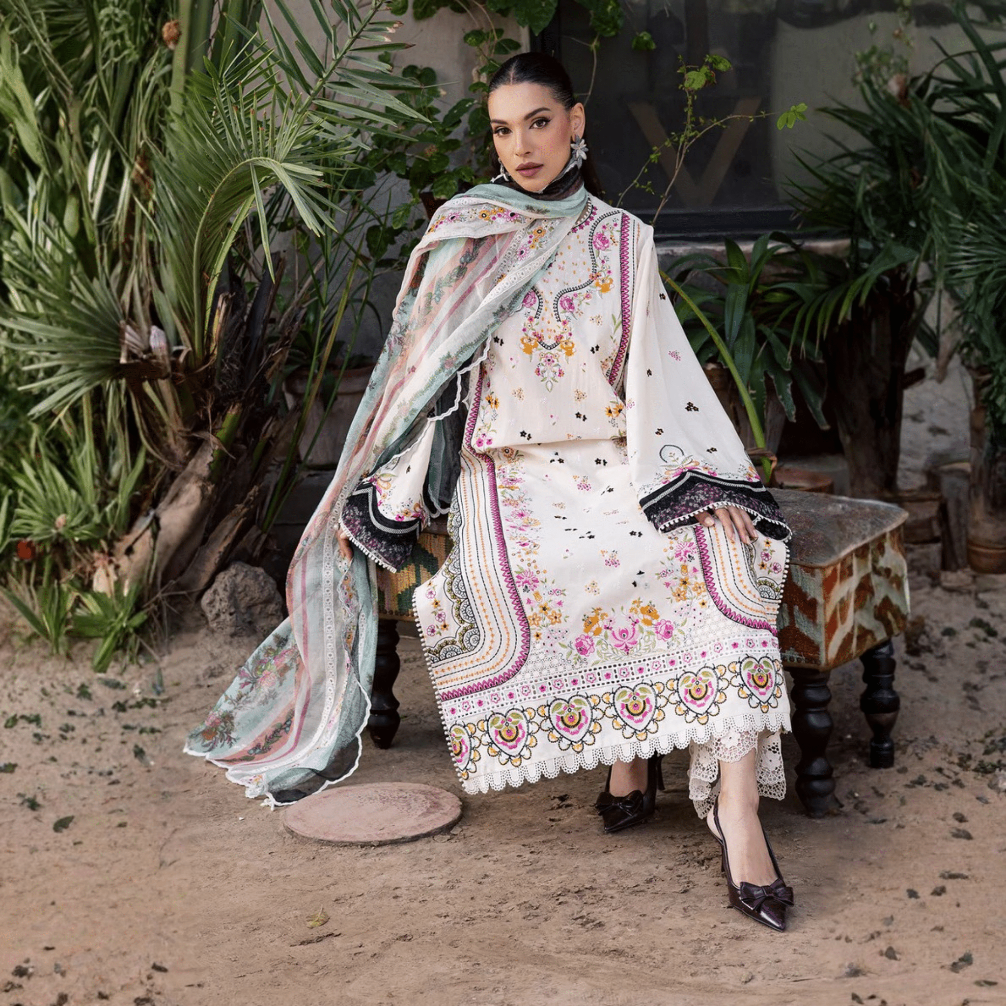 • Clothing: Embroidered/Printed suit for women - Made of best quality fabric - lawn or linen or chiffon - pure silk - Available at Najma Designs & Co. • Jewelry: Gold - plated stud earrings for