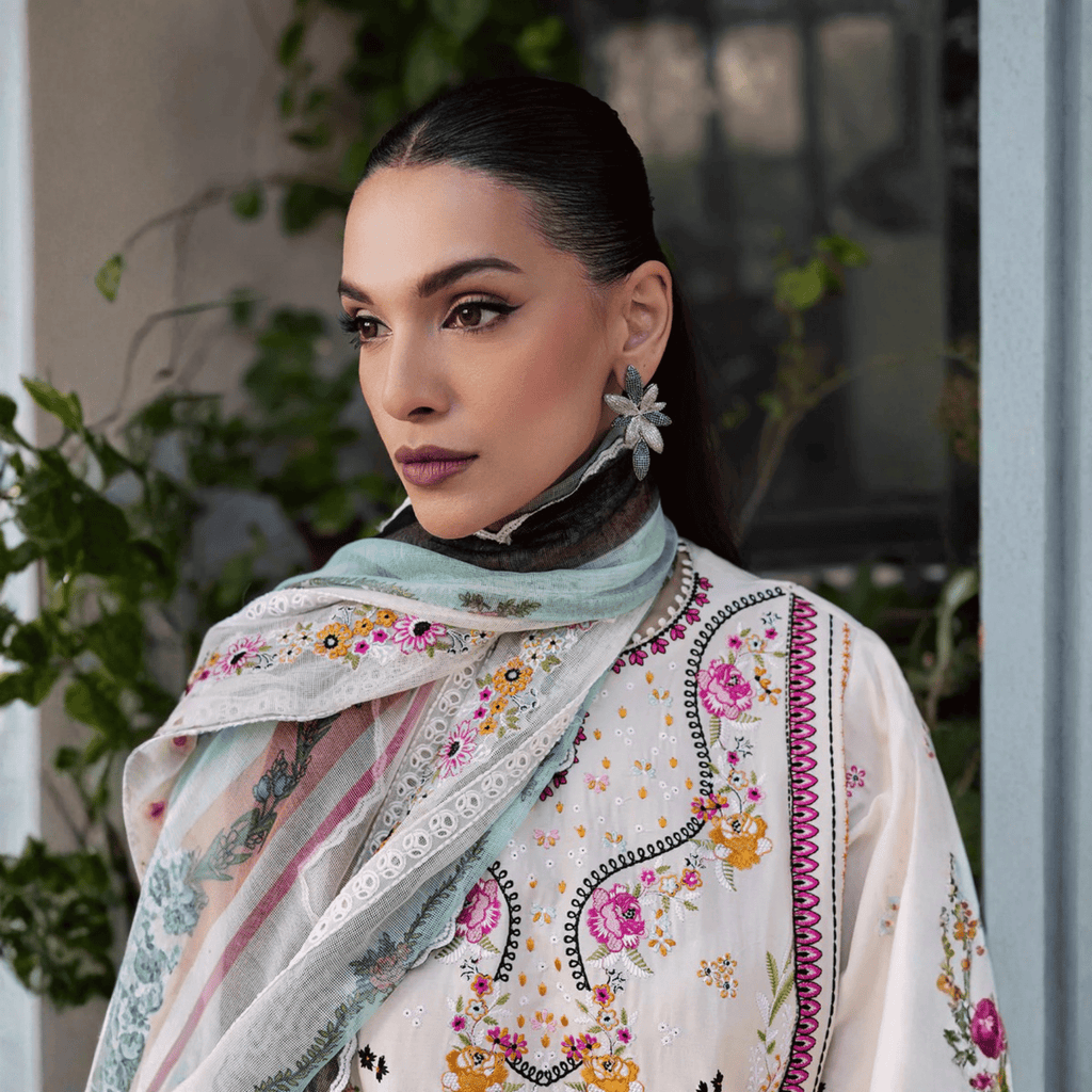 • Clothing: Embroidered/Printed suit for women - Made of best quality fabric - lawn or linen or chiffon - pure silk - Available at Najma Designs & Co. • Jewelry: Gold - plated stud earrings for