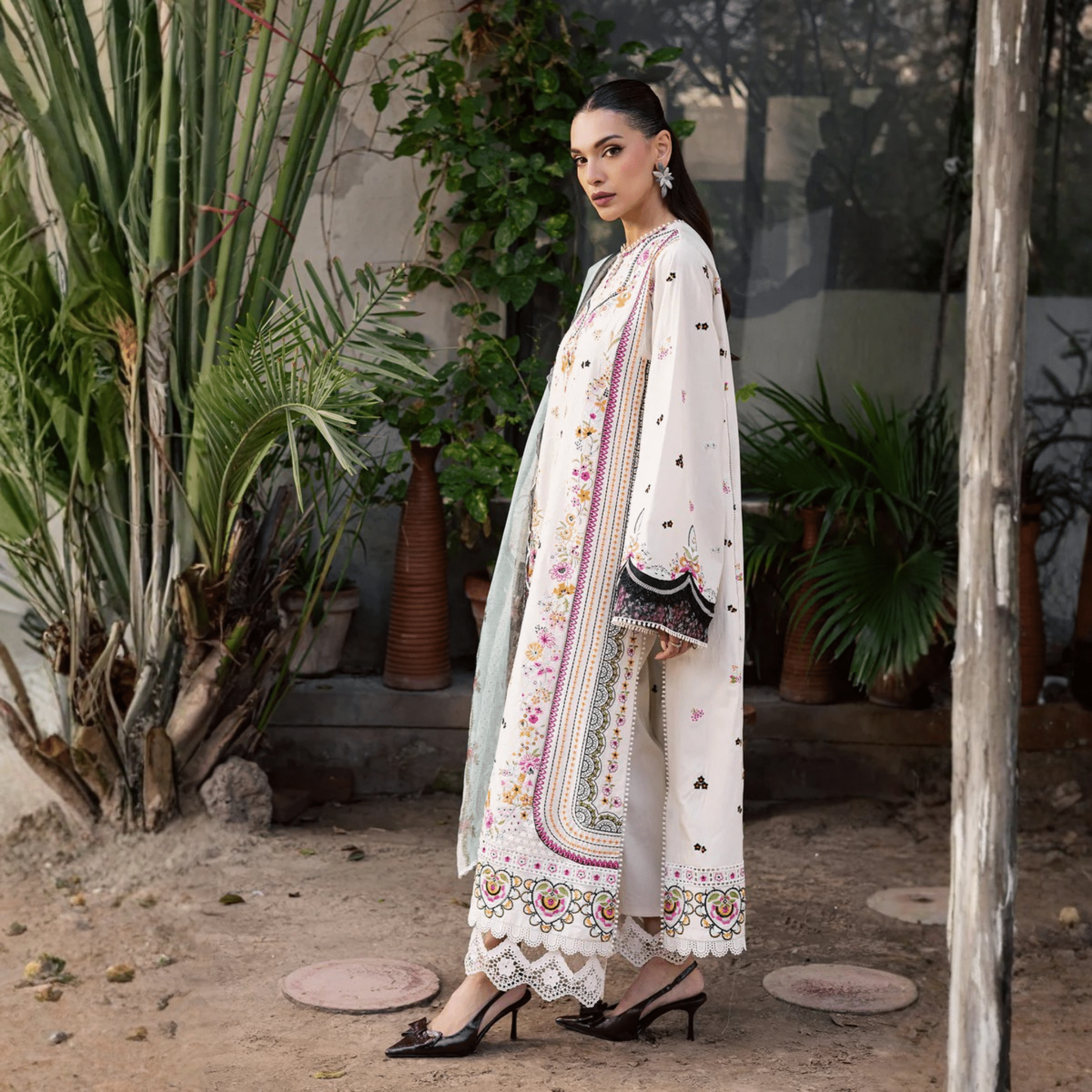 • Clothing: Embroidered/Printed suit for women - Made of best quality fabric - lawn or linen or chiffon - pure silk - Available at Najma Designs & Co. • Jewelry: Gold - plated stud earrings for