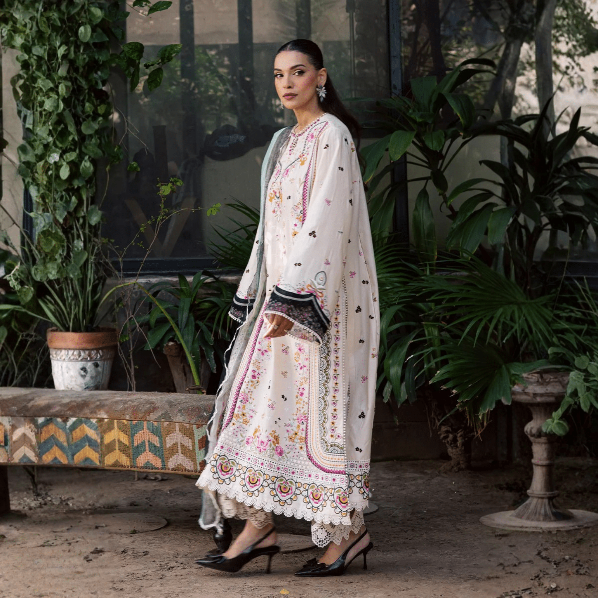 • Clothing: Embroidered/Printed suit for women - Made of best quality fabric - lawn or linen or chiffon - pure silk - Available at Najma Designs & Co. • Jewelry: Gold - plated stud earrings for