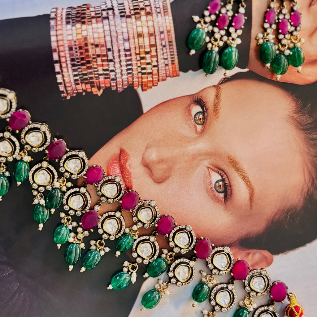 • Clothing: Embroidered/Printed suit for women - Made of best quality fabric - lawn or linen or chiffon - pure silk - Available at Najma Designs & Co. • Jewelry: Gold - plated stud earrings for